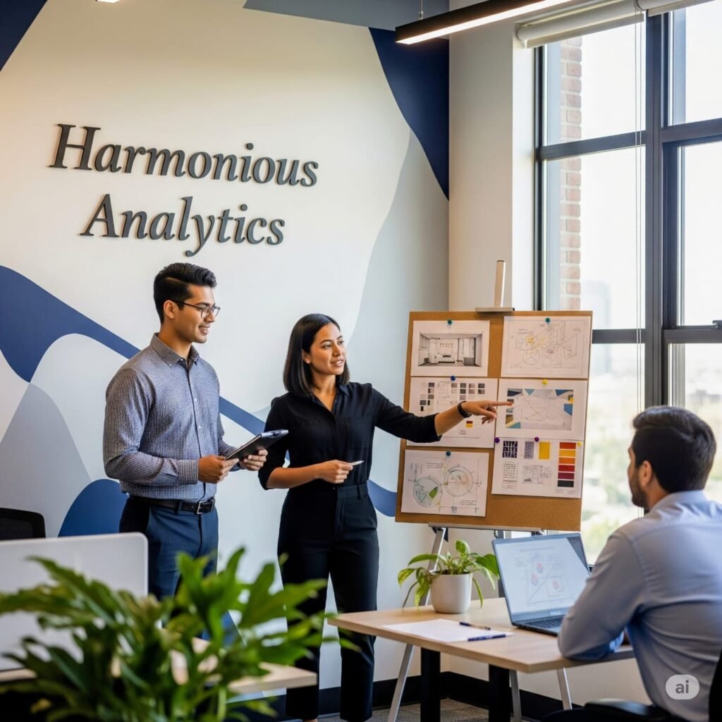 Harmonious Analytics Images for 3 people discussing on the working of energy